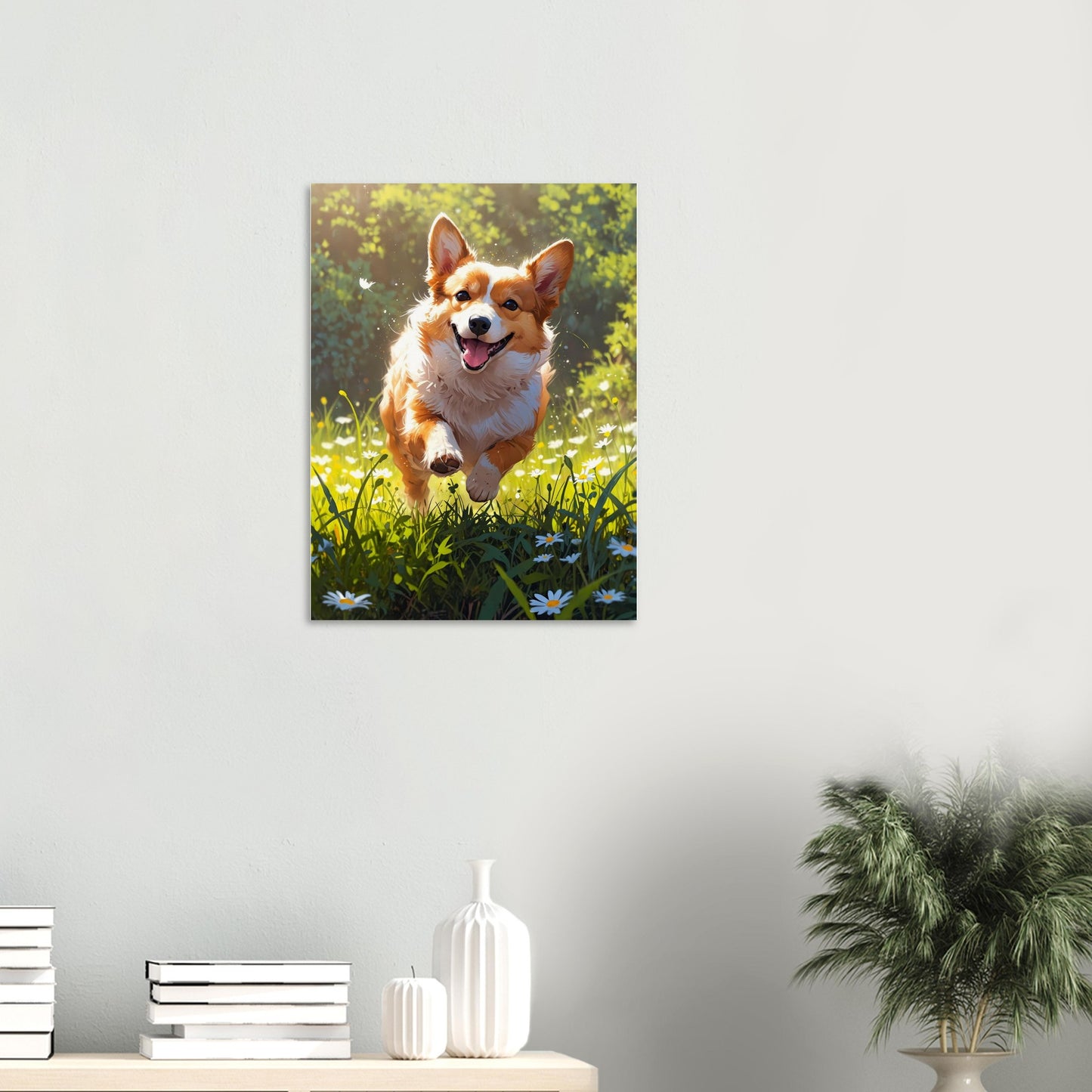 Affiche Corgi Roux, mise en situation dans un intérieur