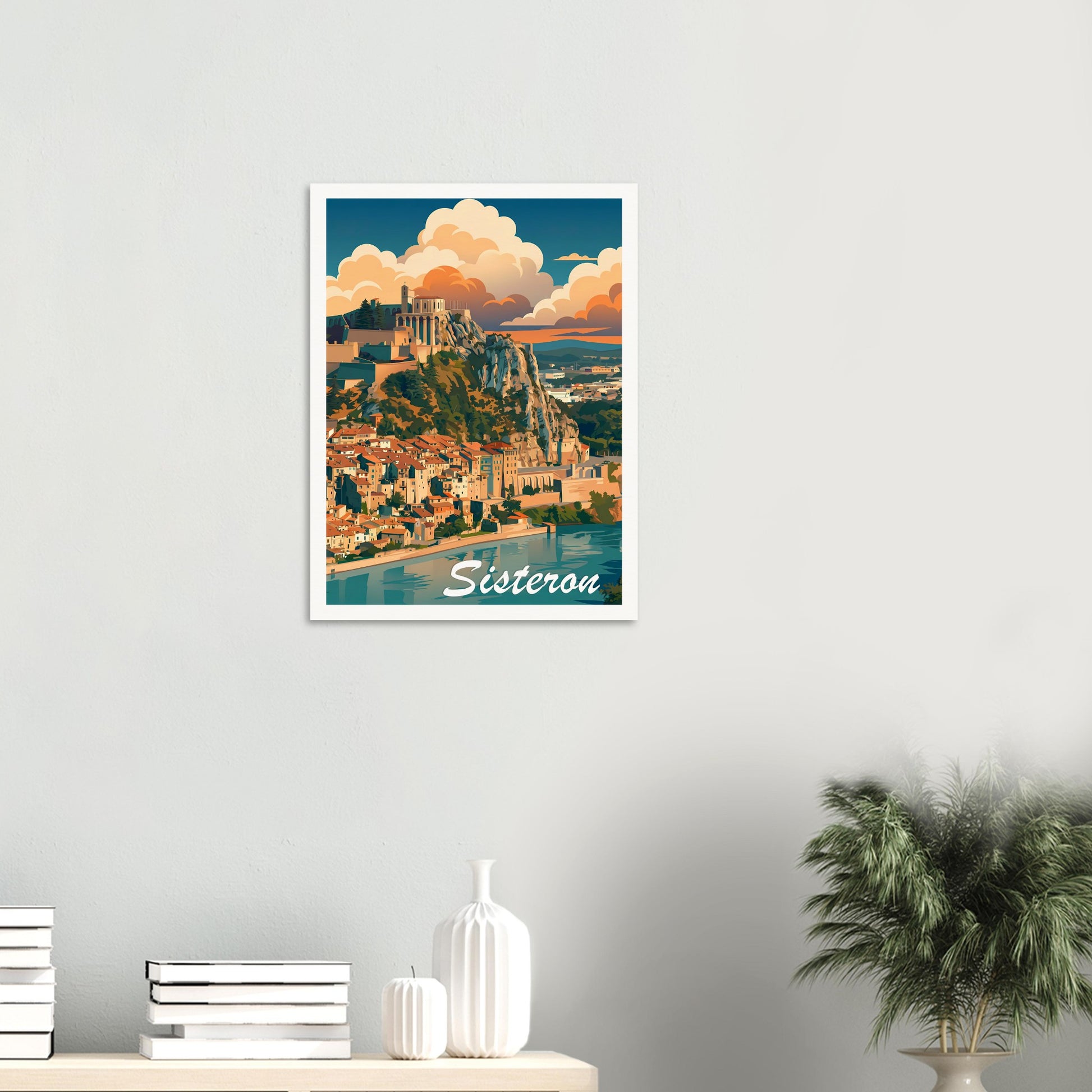 Affiche illustrée Sisteron — poster rétro, impression beaux-arts 250g