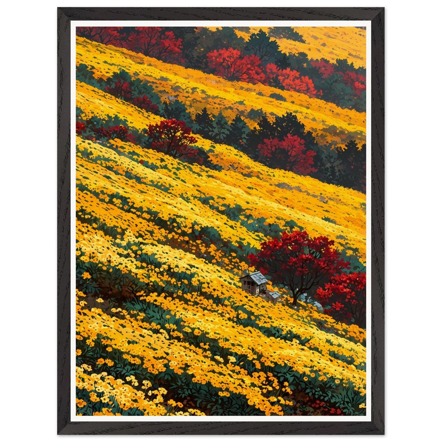 Affiche illustrée Champ de chrysanthèmes jaunes Encadrée — poster rétro, impression beaux-arts 250g