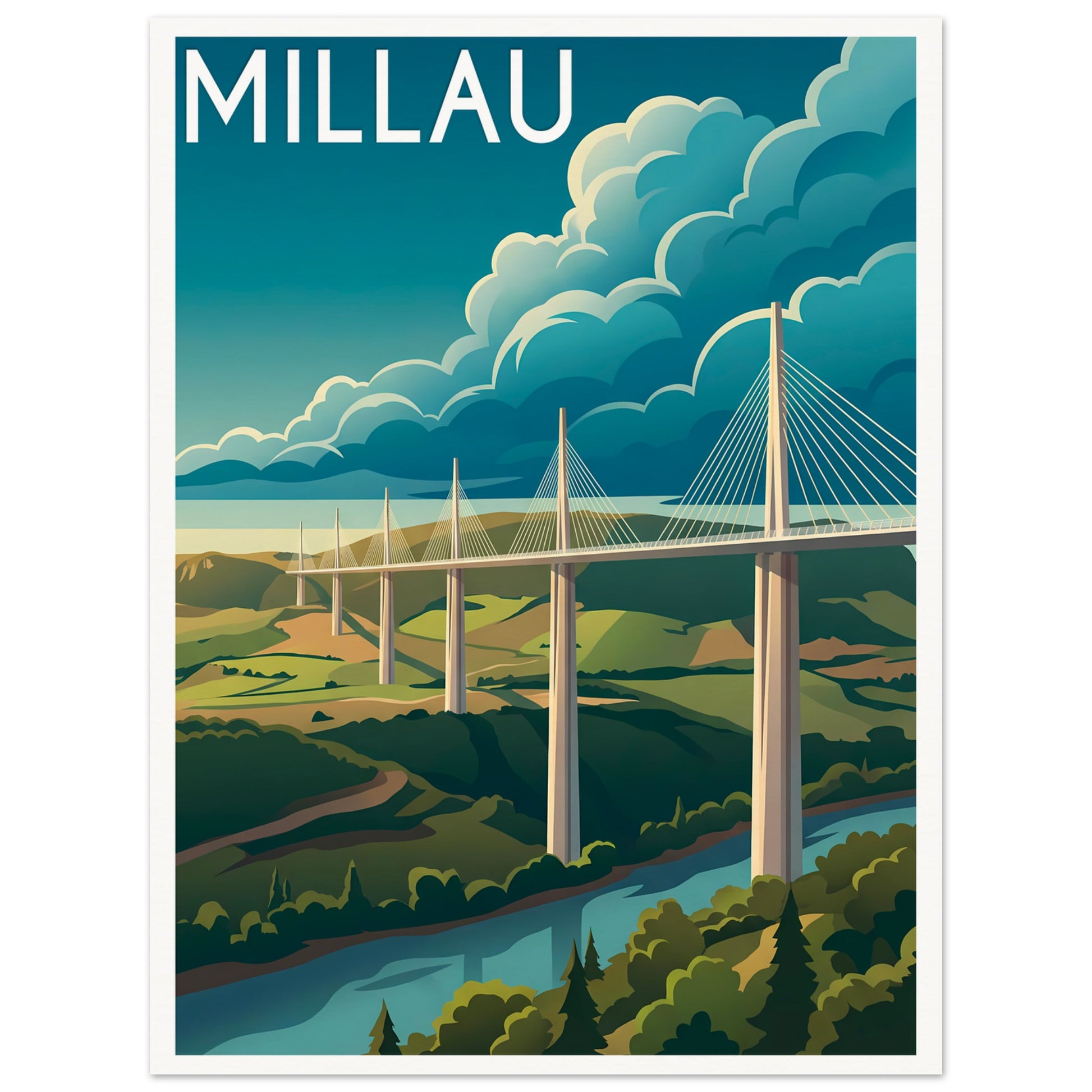 Affiche illustrée Millau — poster rétro, impression beaux-arts 250g