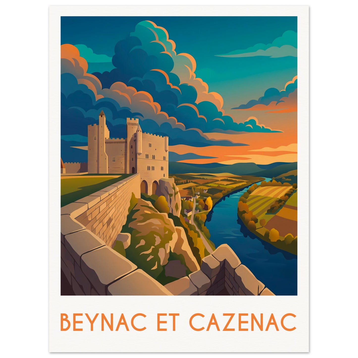 Affiche illustrée Beynac et cazeynac — poster rétro, impression beaux-arts 250g