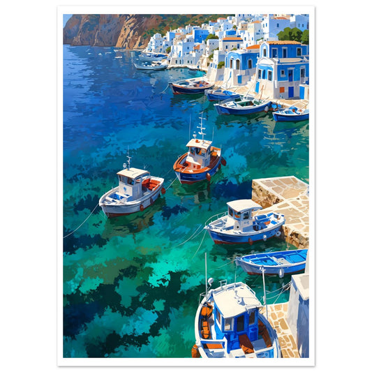 Plage de Grèce, Bateaux de pêche blancs et bleus, Chaleur de midi – affiche d'art décoratif, poster mural | Muchimura
