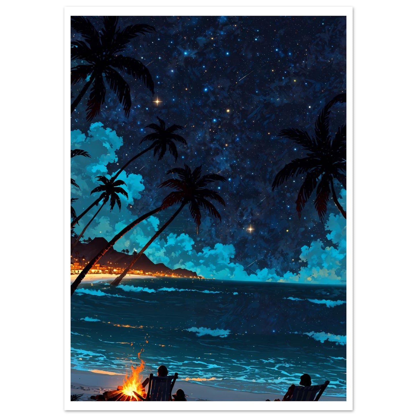 Plage de nuit, Feu de camp, Ciel tropical étoilé – affiche d'art décoratif, poster mural | Muchimura