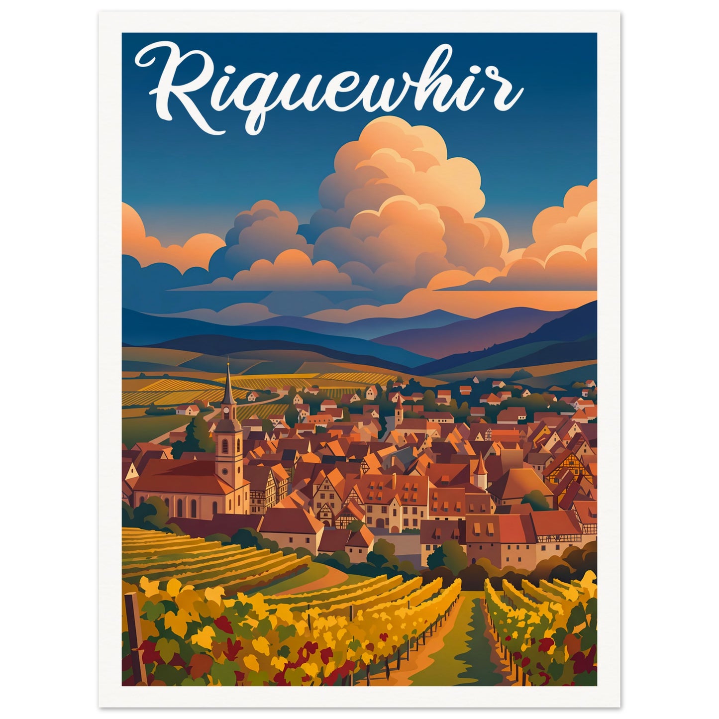 Affiche illustrée Riquewhir — poster rétro, impression beaux-arts 250g