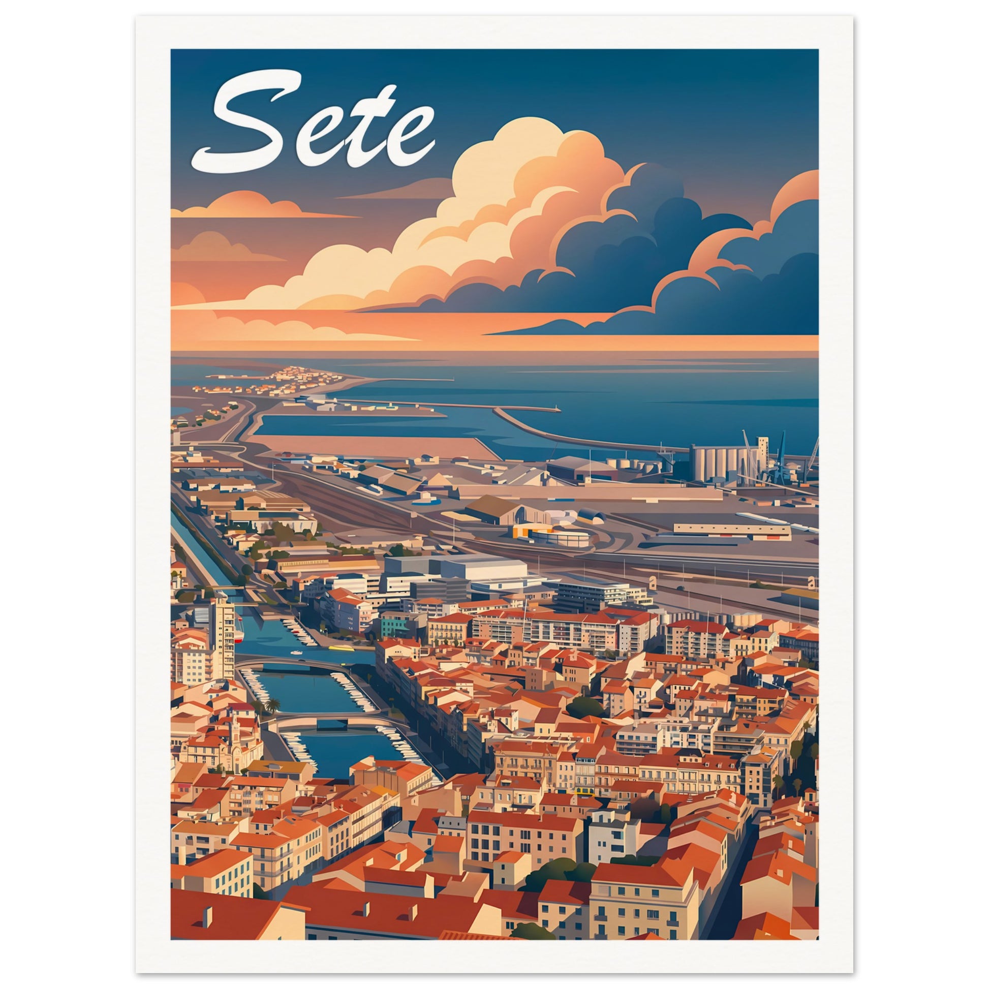 Affiche illustrée Sète, poster rétro, impression beaux-arts 250g