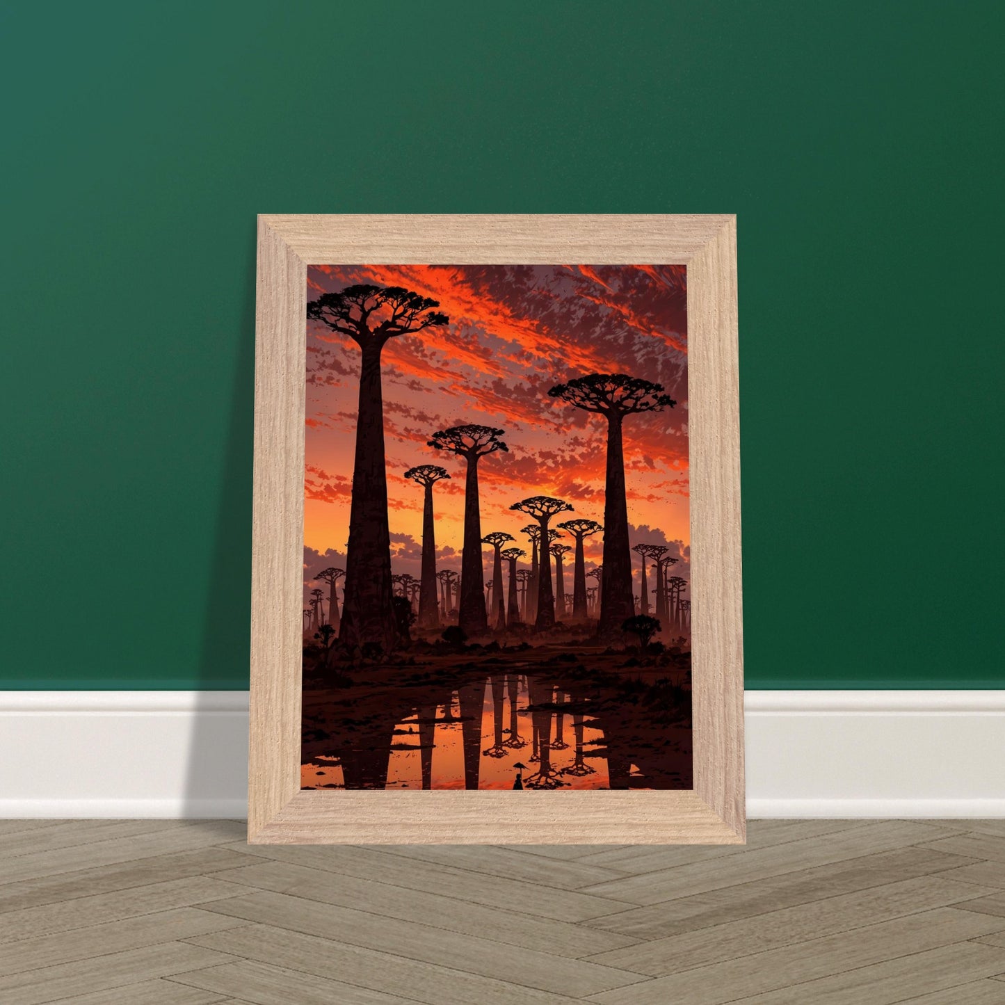 Affiche Baobabs au coucher du soleil encadrée, cadre bois (vue 4)