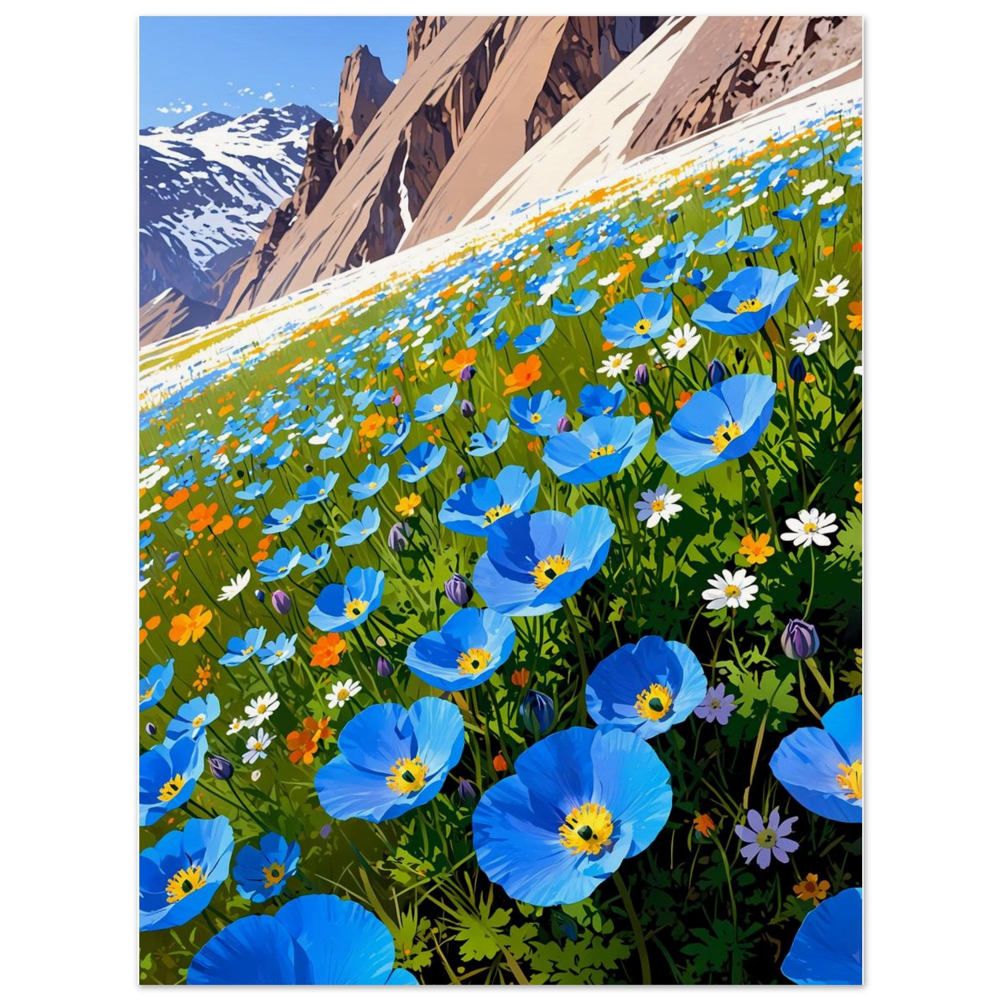 Affiche illustrée Champ de pavots bleus de l'Himalaya, poster rétro, impression beaux-arts 250g