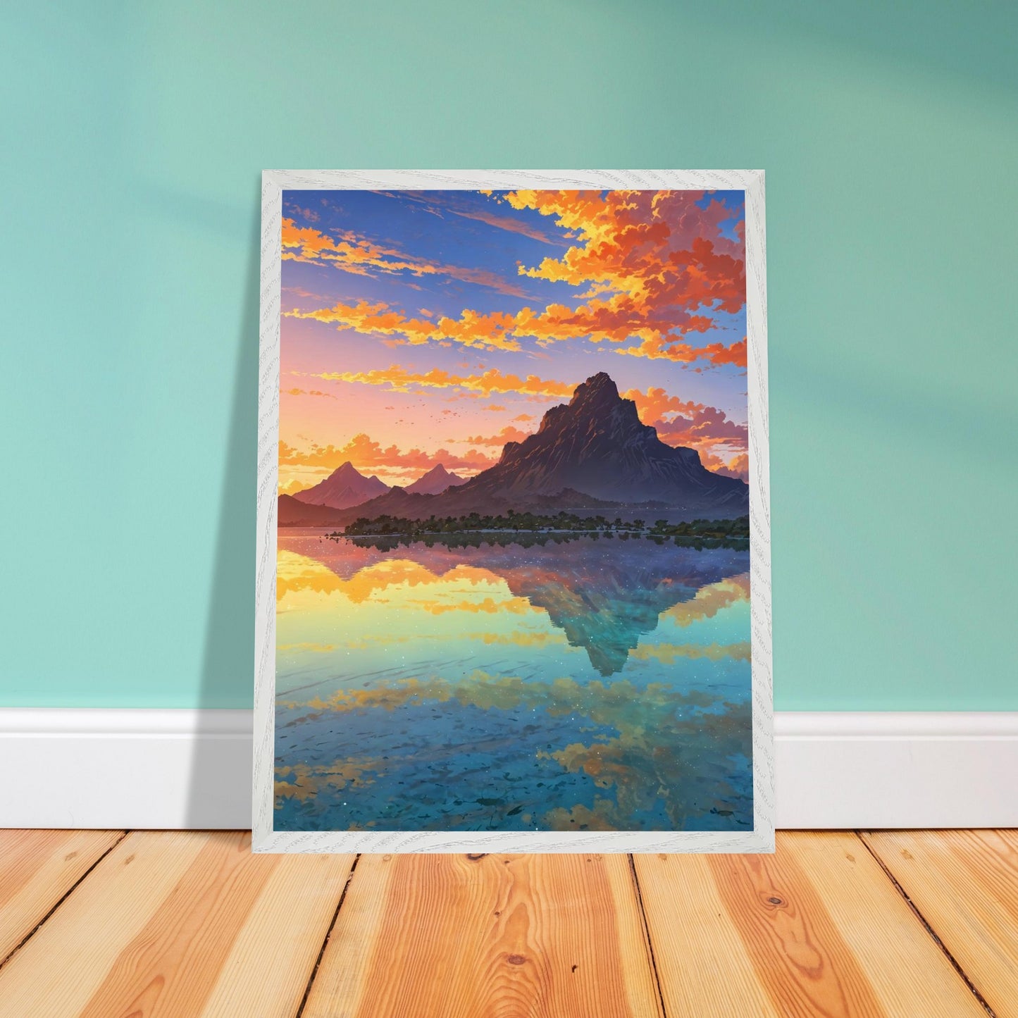 Affiche Plage de Bora Bora encadrée, cadre bois