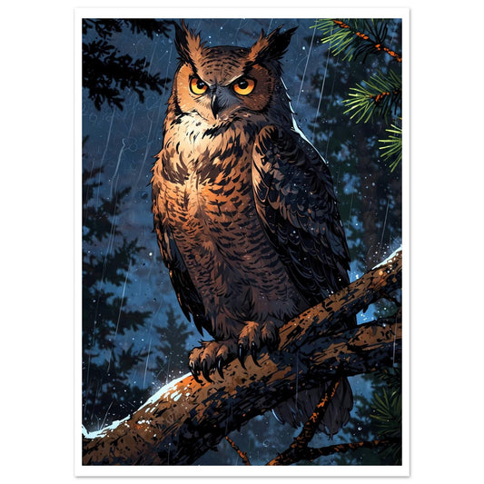 Hibou grand-duc, Forêt de pins, Pluie nocturne et lune – affiche d'art décoratif, poster mural | Muchimura