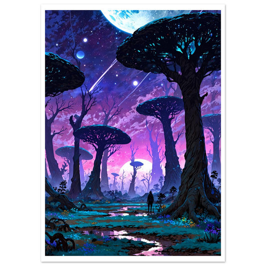 Planète anneau, Vue depuis une forêt alien, Ciel extraterrestre – affiche d'art décoratif, poster mural | Muchimura