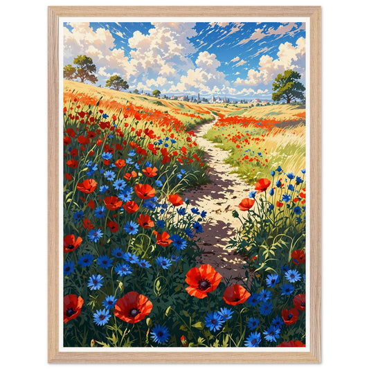 Affiche illustrée Champ de pavots et bleuets Encadrée — poster rétro, impression beaux-arts 250g