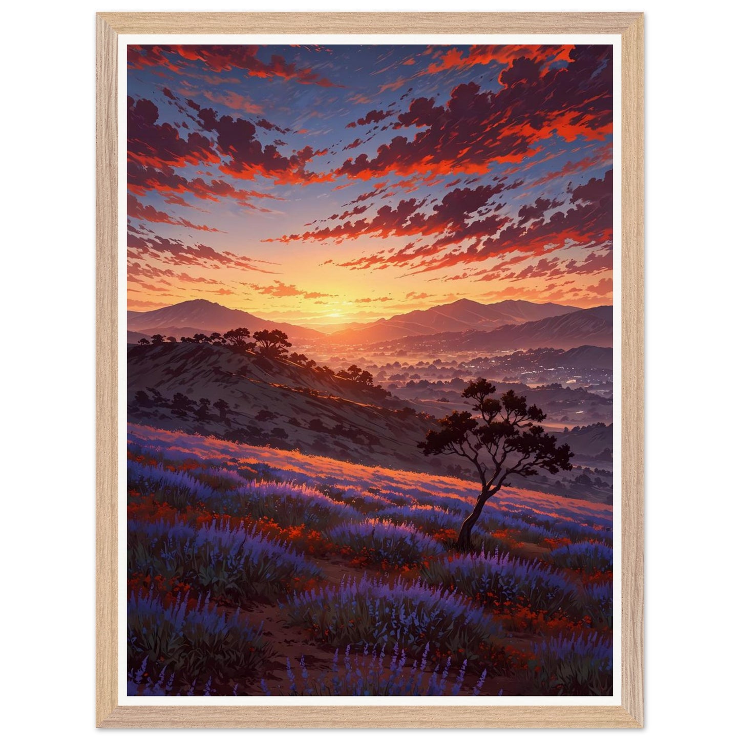 Affiche illustrée Champ de lavande Encadrée — poster rétro, impression beaux-arts 250g