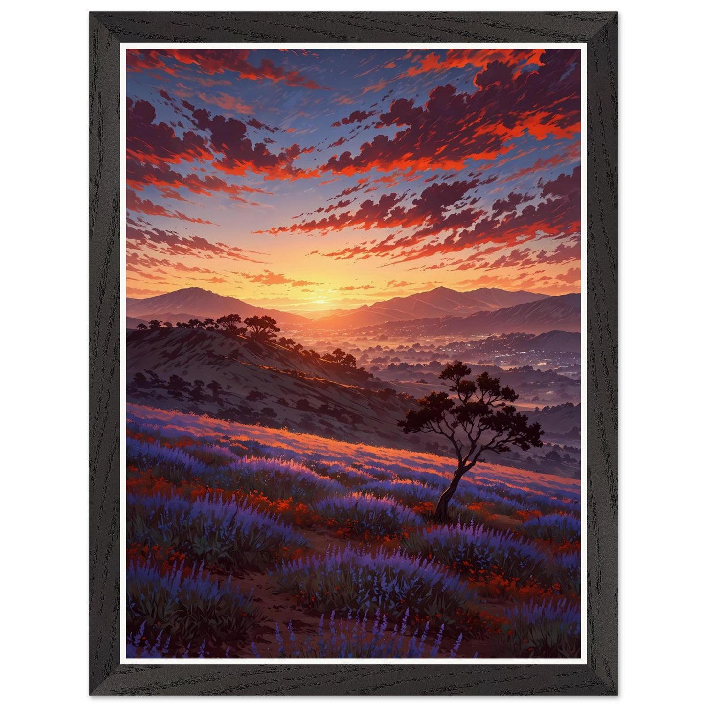 Affiche illustrée Champ de lavande Encadrée — poster rétro, impression beaux-arts 250g