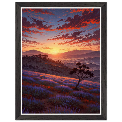 Affiche illustrée Champ de lavande Encadrée — poster rétro, impression beaux-arts 250g