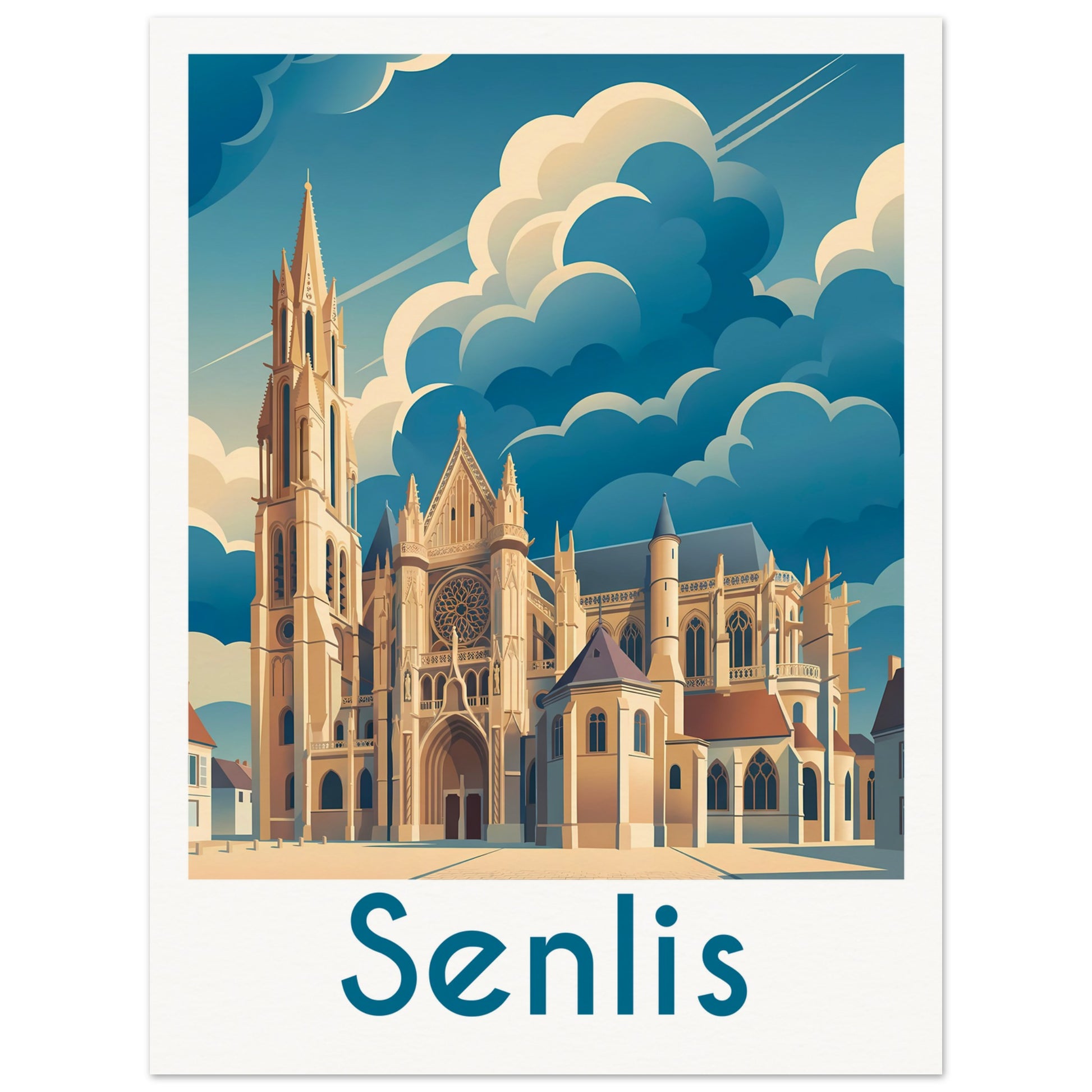 Affiche illustrée Senlis, poster rétro, impression beaux-arts 250g
