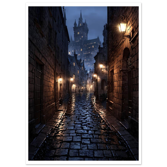 Rue d'Édimbourg, Vieille ville, Brume et pavés nocturnes – affiche d'art décoratif, poster mural | Muchimura