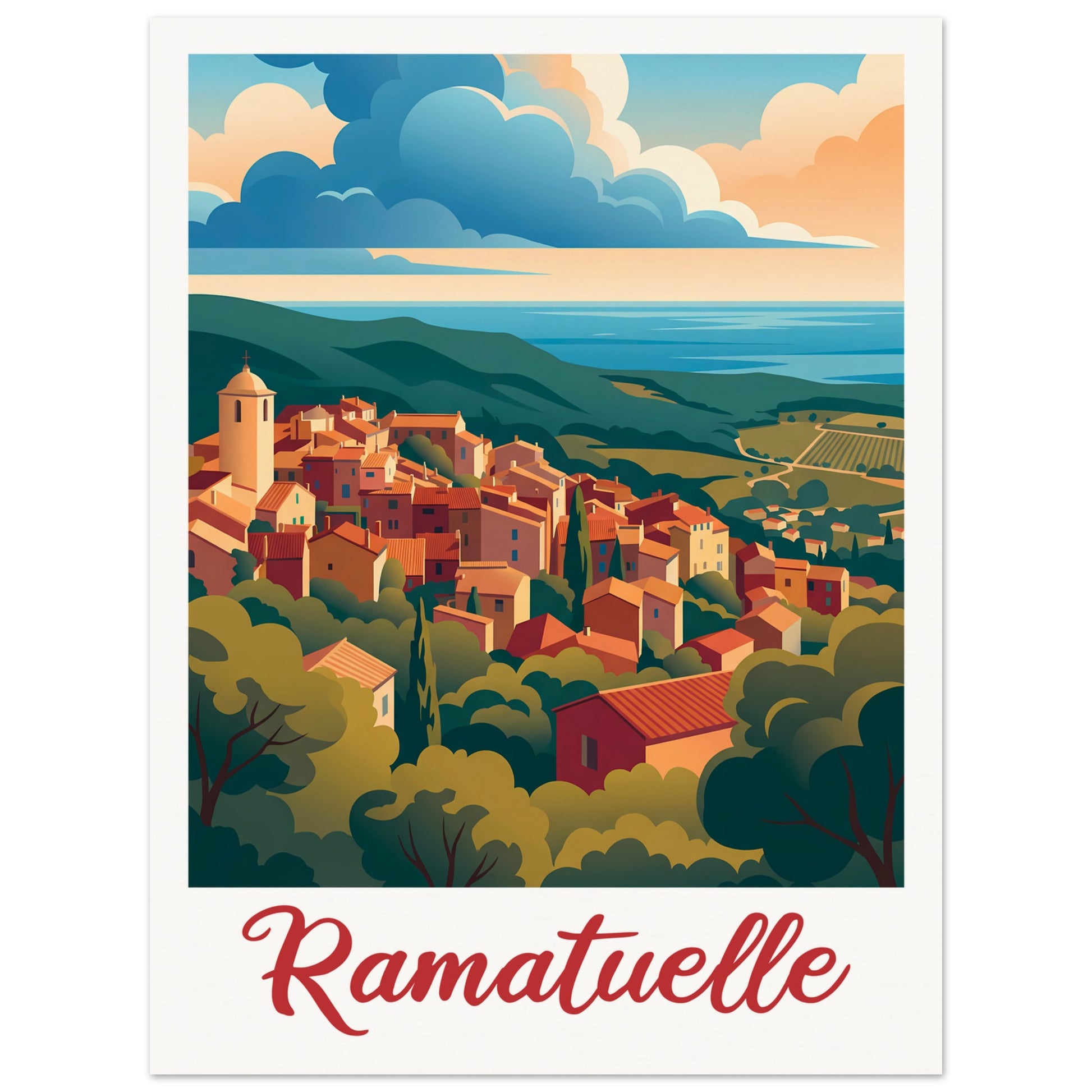 Affiche illustrée Ramatuelle, poster rétro, impression beaux-arts 250g