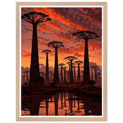 Affiche illustrée Baobabs au coucher du soleil Encadrée — poster rétro, impression beaux-arts 250g