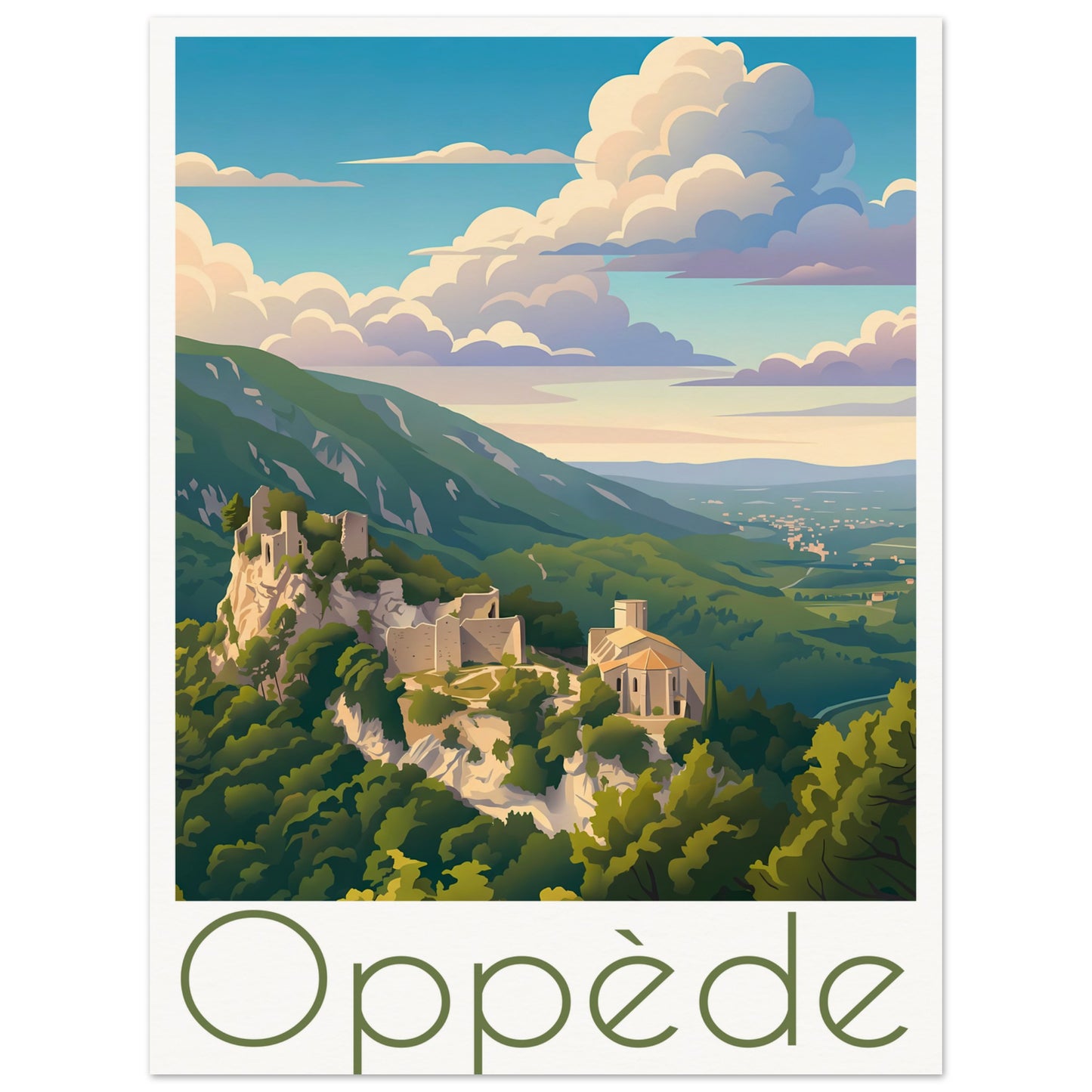 Affiche illustrée Oppède — poster rétro, impression beaux-arts 250g