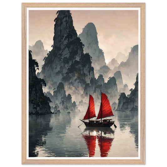 Affiche illustrée Baie de Ha Long Encadrée — poster rétro, impression beaux-arts 250g