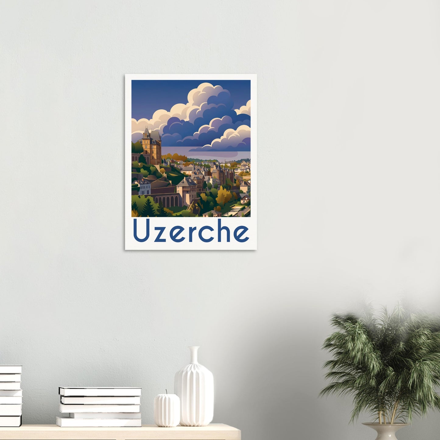 Affiche illustrée Uzerche — poster rétro, impression beaux-arts 250g