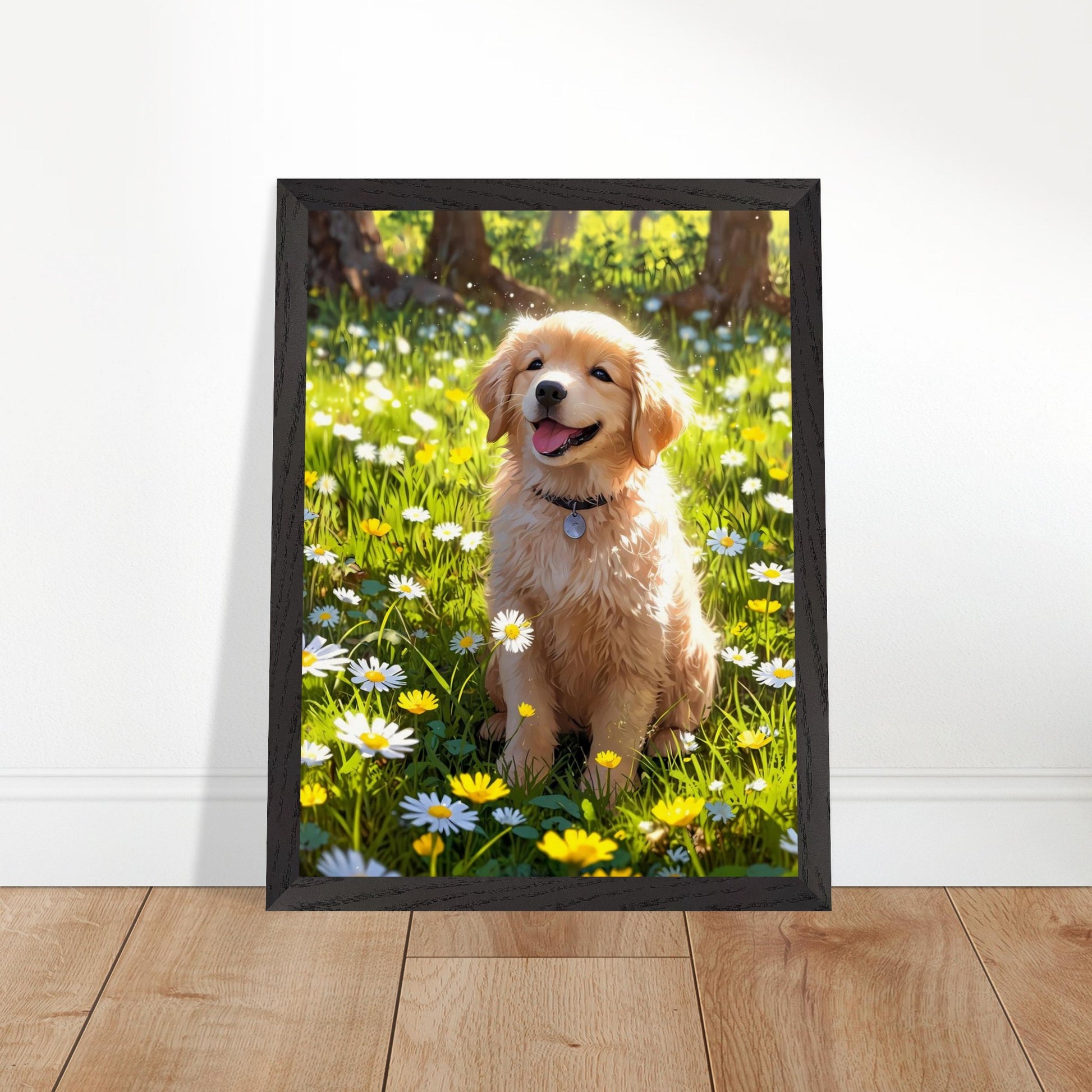 Affiche Golden Retriever Chiot encadrée, cadre bois