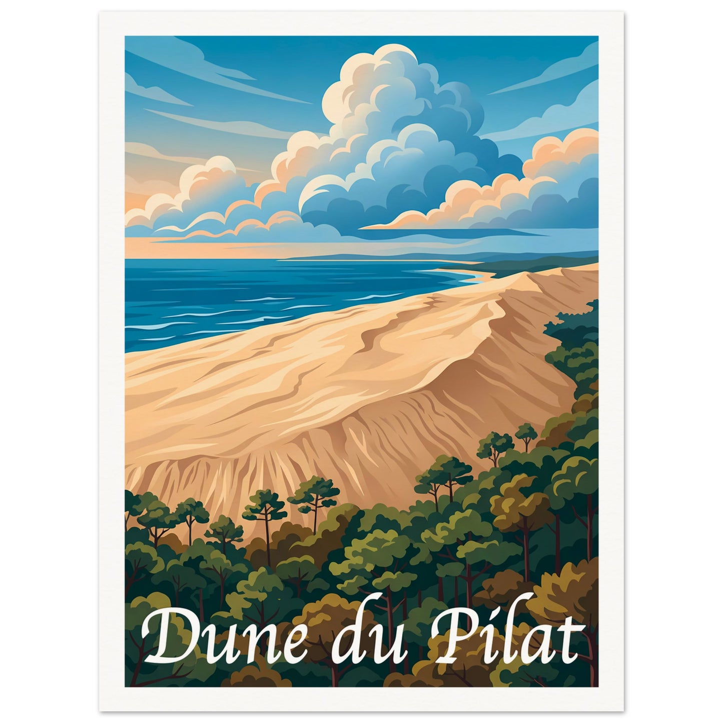 Affiche illustrée Dune du Pilat — poster rétro, impression beaux-arts 250g