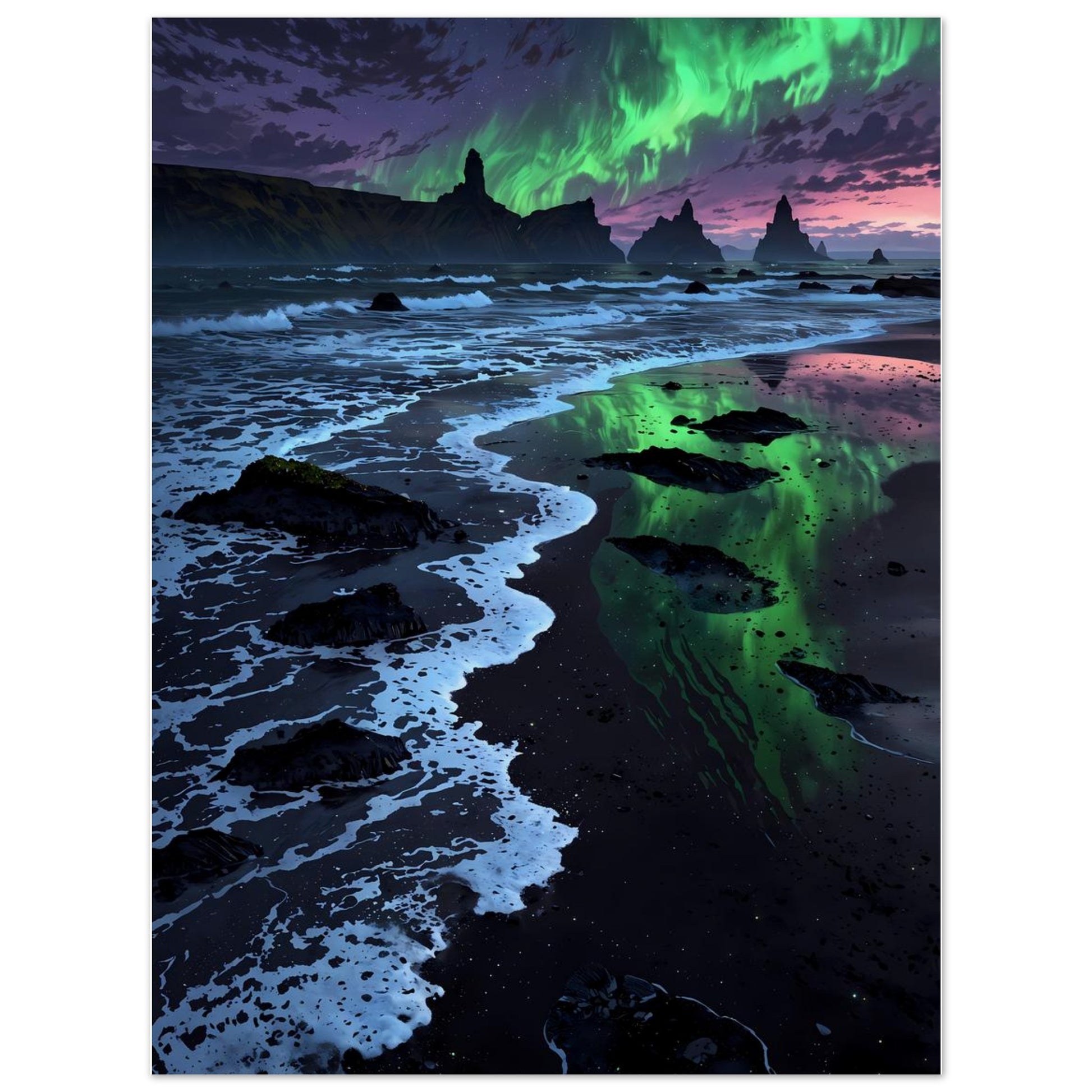 Affiche illustrée Aurore boréale verte, poster rétro, impression beaux-arts 250g
