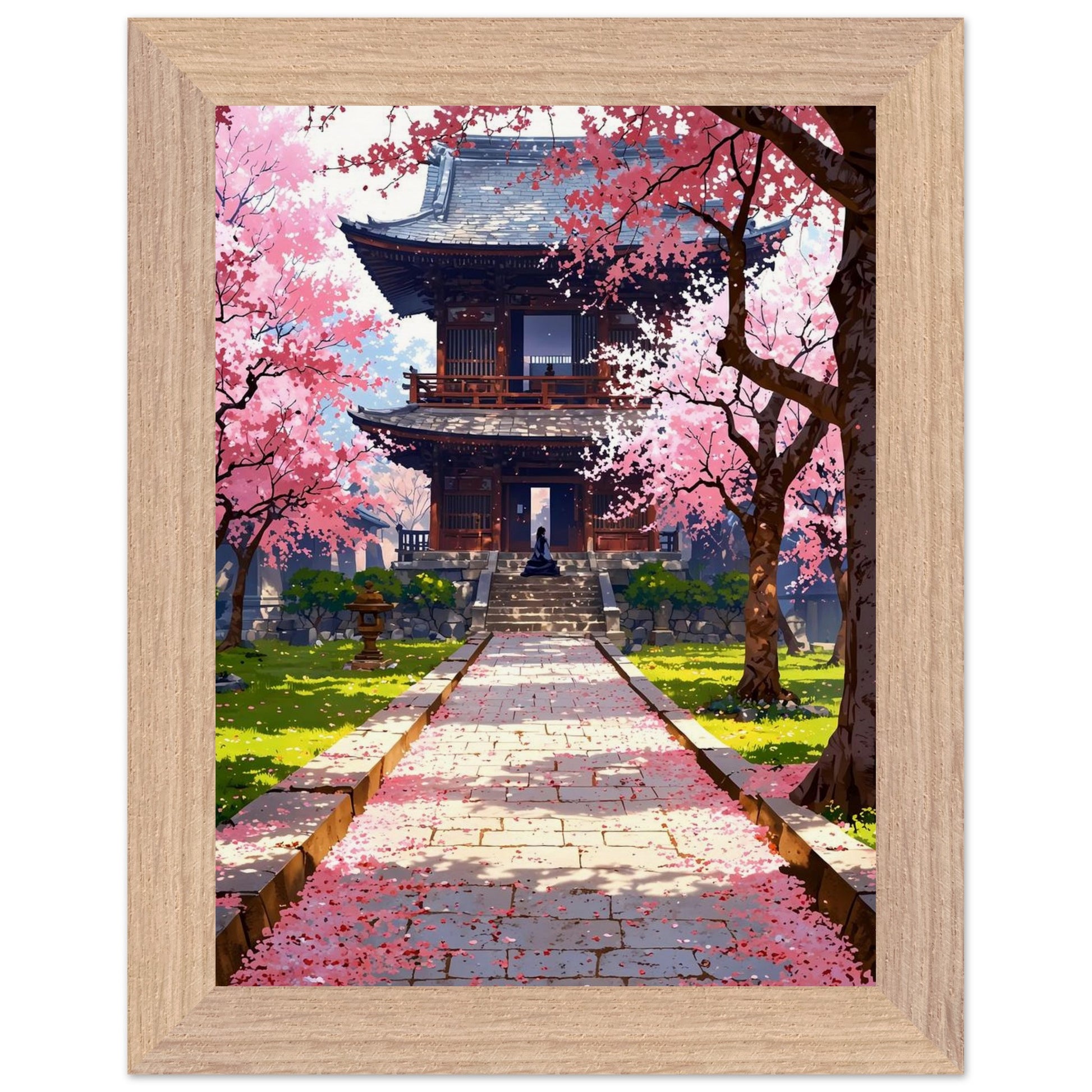 Affiche Prairie de Fleurs de Cerisier Tombées encadrée, cadre bois