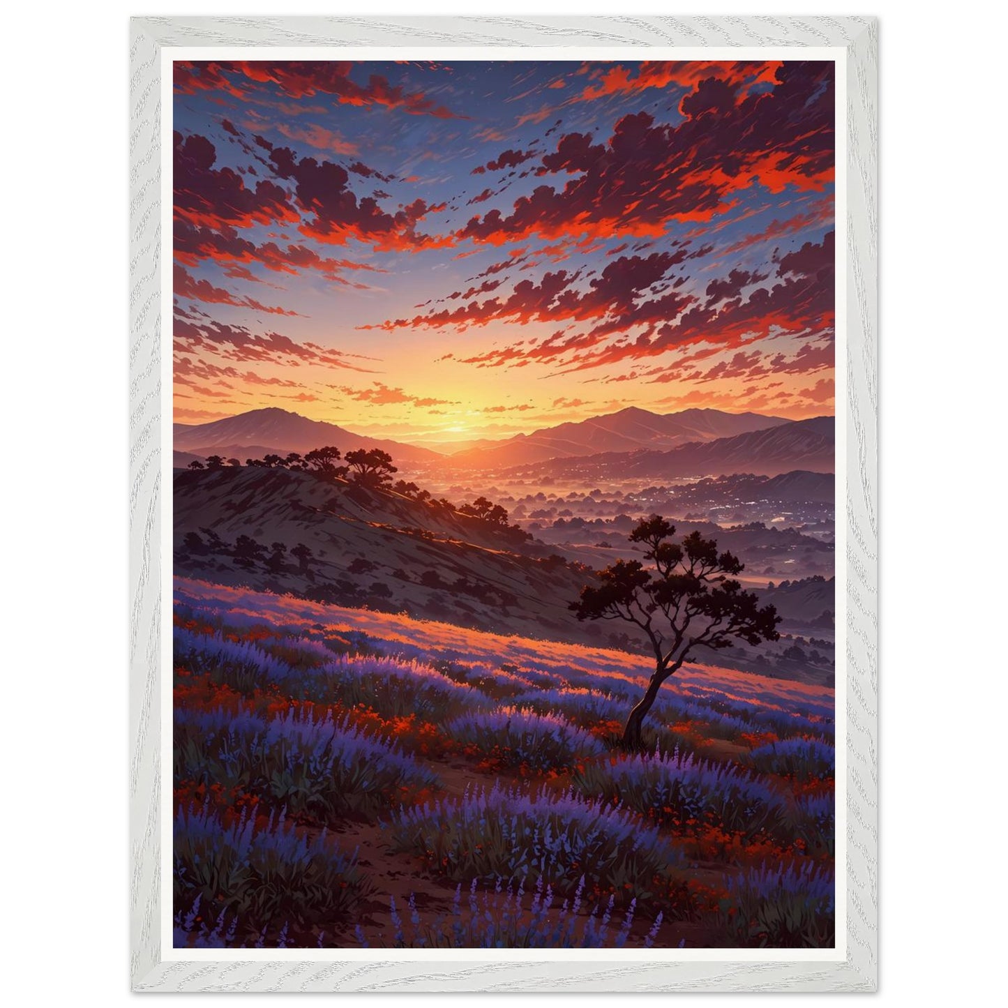 Affiche illustrée Champ de lavande Encadrée — poster rétro, impression beaux-arts 250g