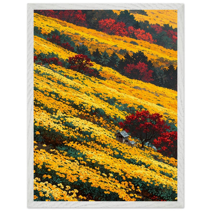 Affiche Champ de Chrysanthèmes Jaunes encadrée, cadre bois