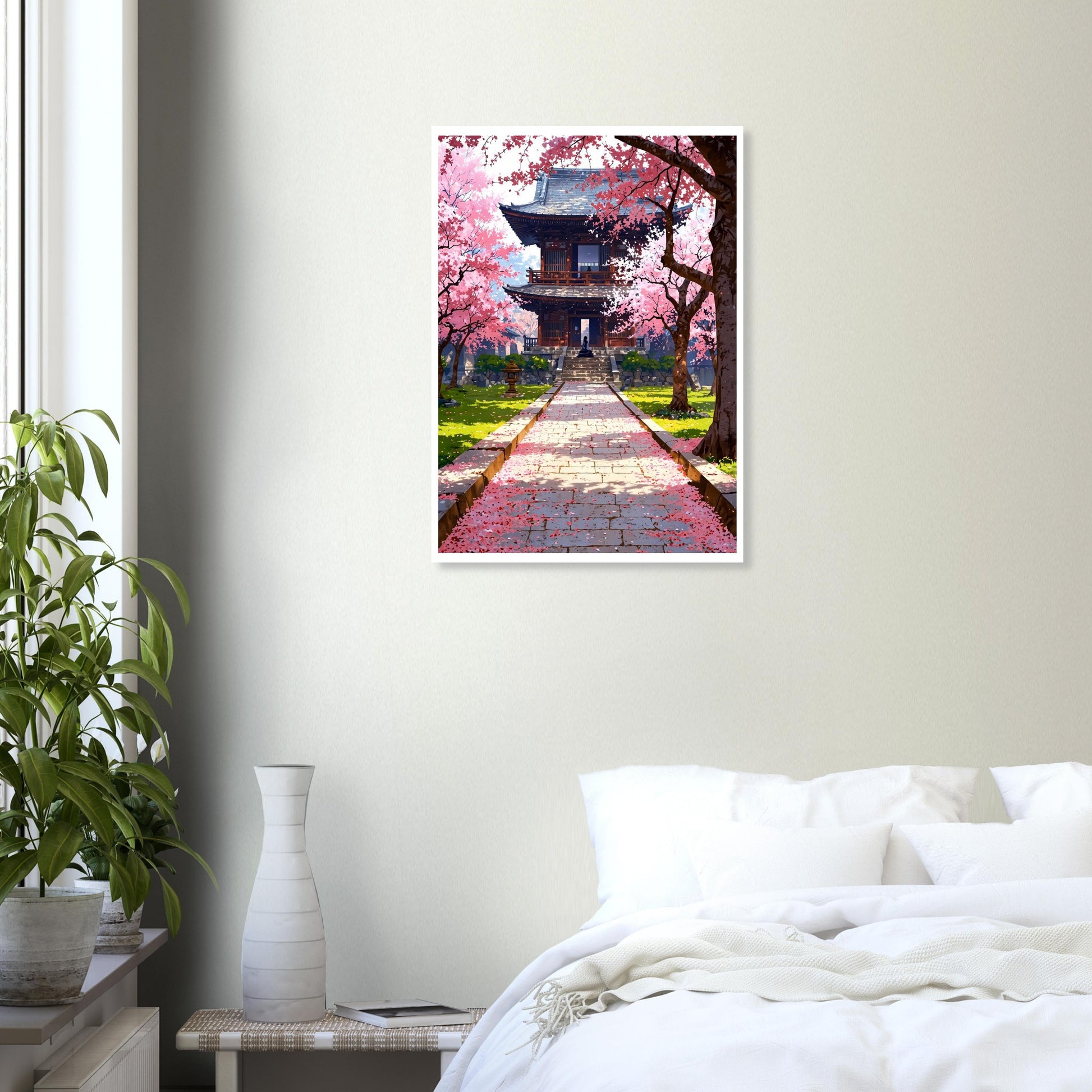 Prairie de fleurs de cerisier tombées, Temple japonais – affiche d'art décoratif, poster mural | Muchimura