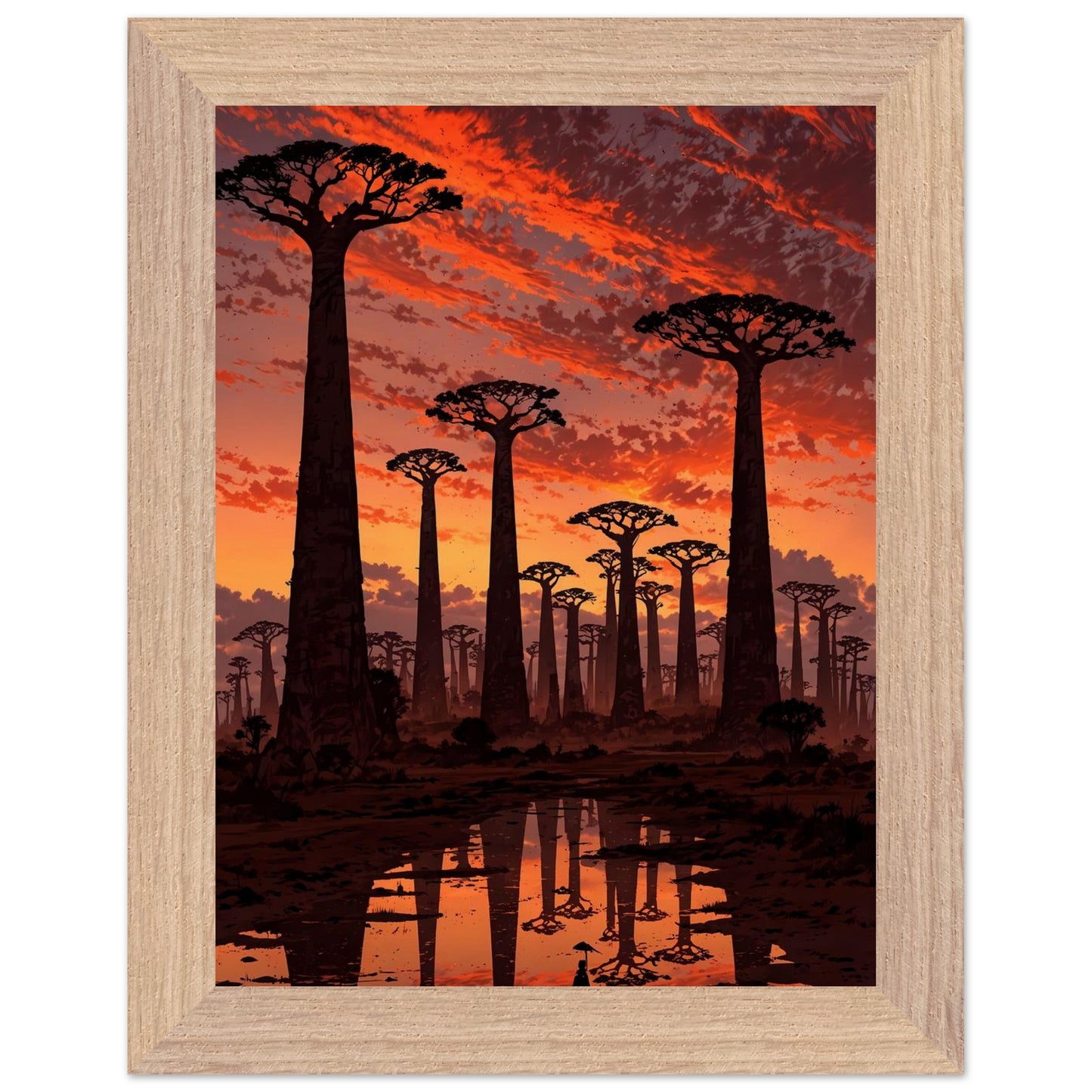 Affiche illustrée Baobabs au coucher du soleil Encadrée — poster rétro, impression beaux-arts 250g