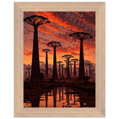 Affiche illustrée Baobabs au coucher du soleil Encadrée — poster rétro, impression beaux-arts 250g