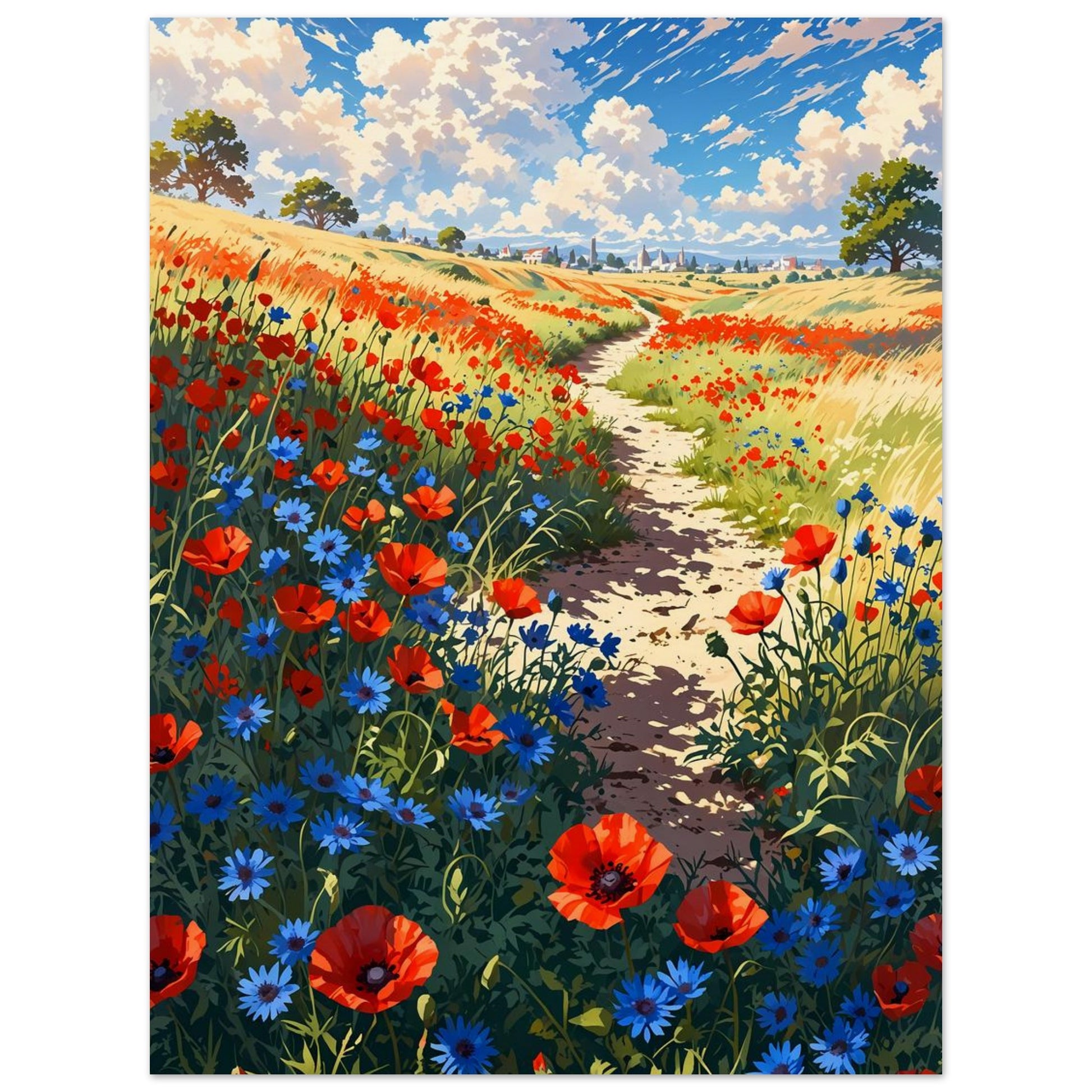 Affiche illustrée Champ de pavots et bleuets — poster rétro, impression beaux-arts 250g