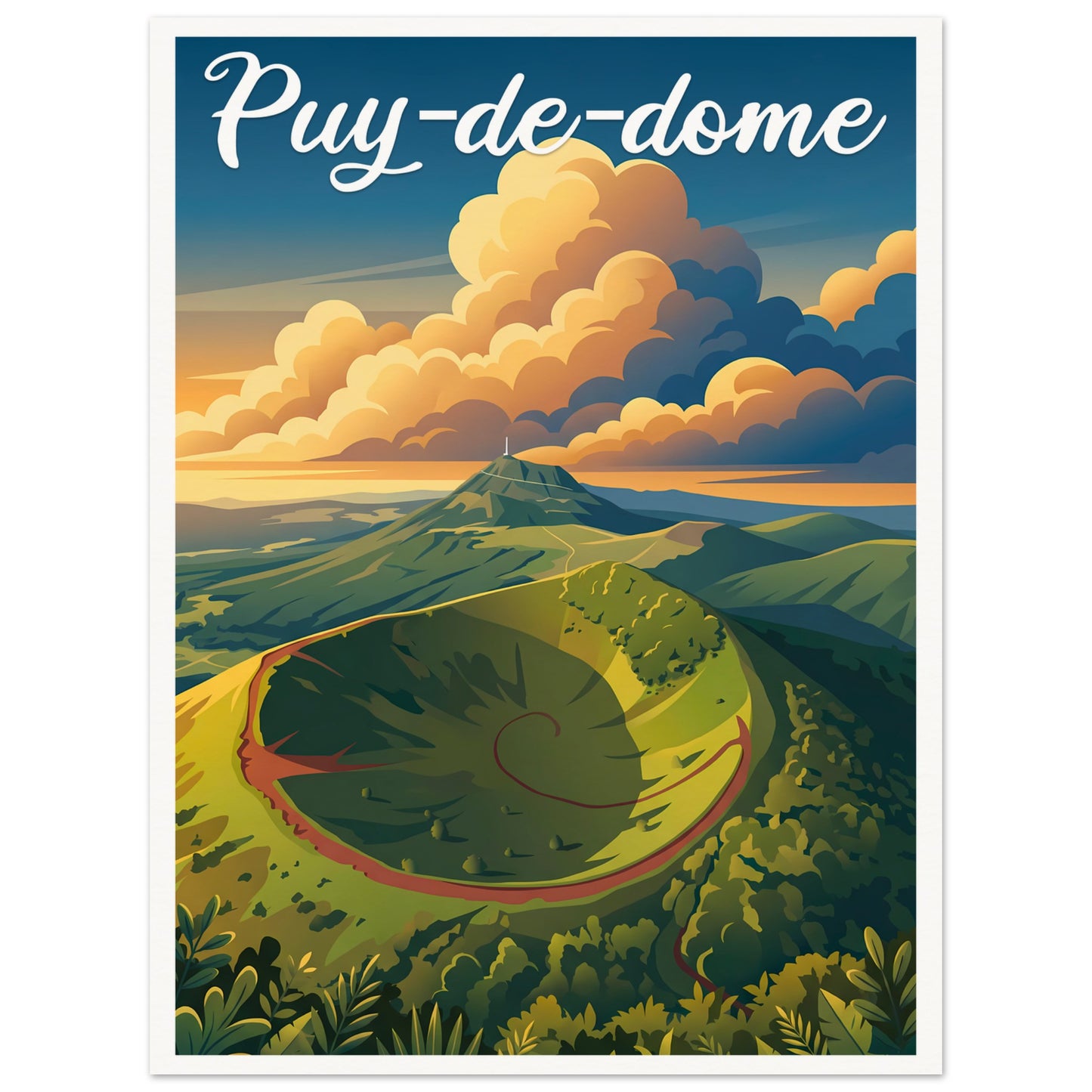 Affiche illustrée Puy-de-Dome — poster rétro, impression beaux-arts 250g