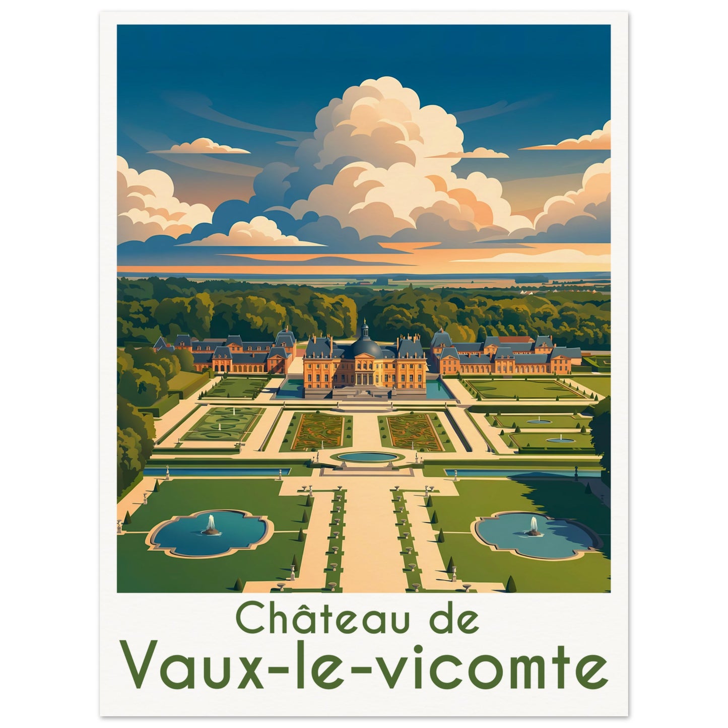 Affiche illustrée Vaux-le-Vicomte — poster rétro, impression beaux-arts 250g
