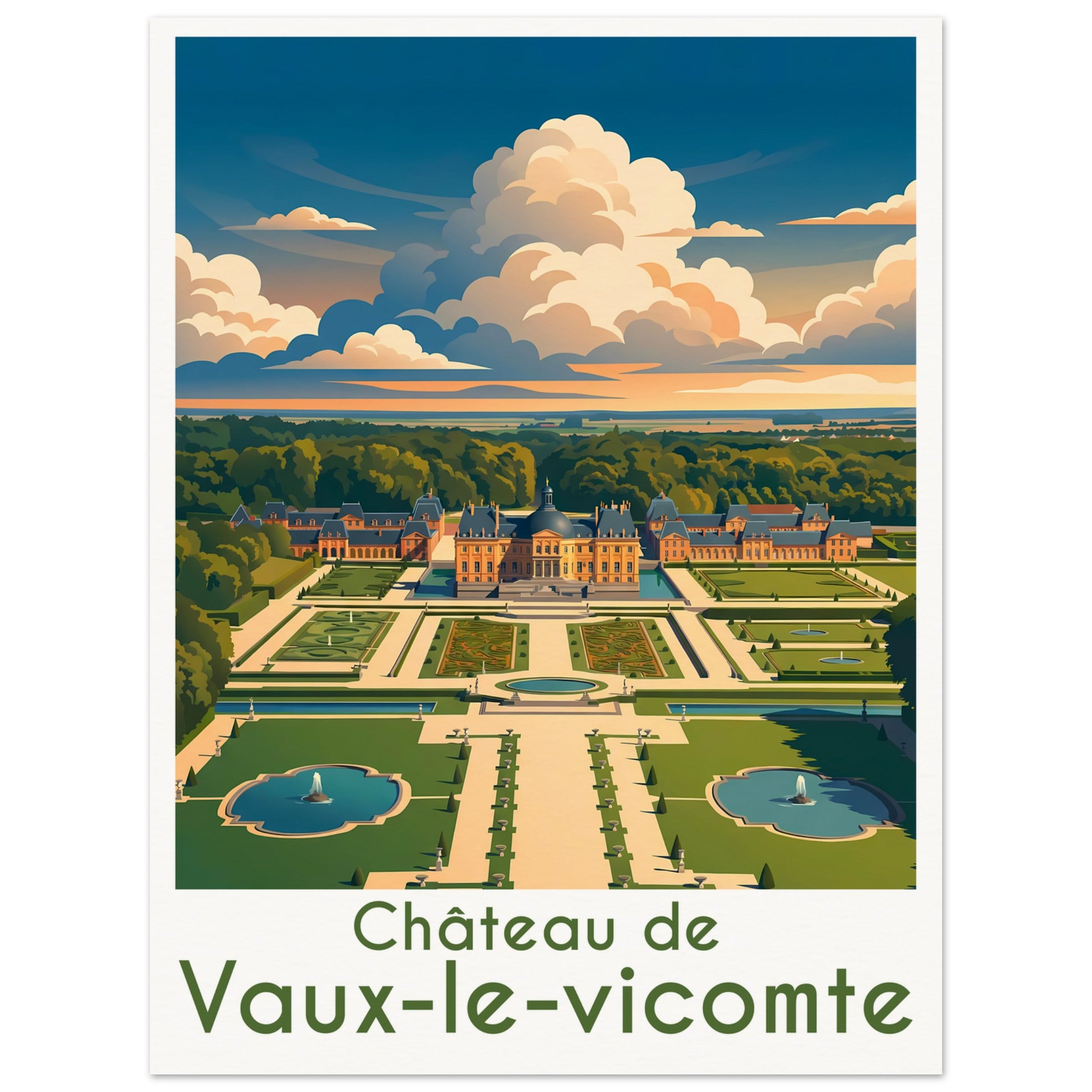 Affiche illustrée Vaux-le-Vicomte — poster rétro, impression beaux-arts 250g
