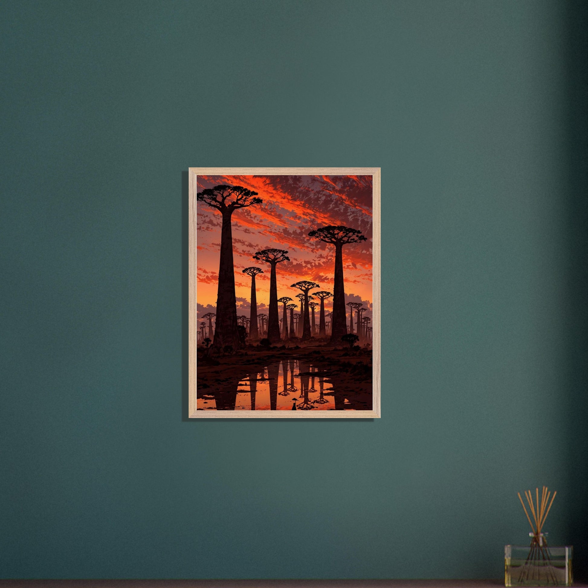Affiche Baobabs au coucher du soleil encadrée, cadre bois (vue 6)