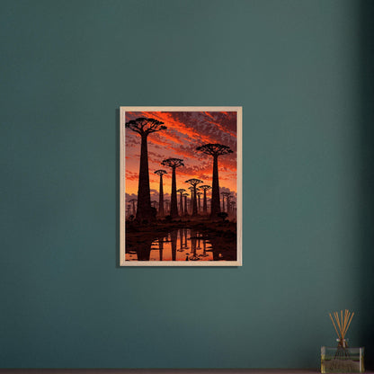 Affiche Baobabs au coucher du soleil encadrée, cadre bois (vue 6)