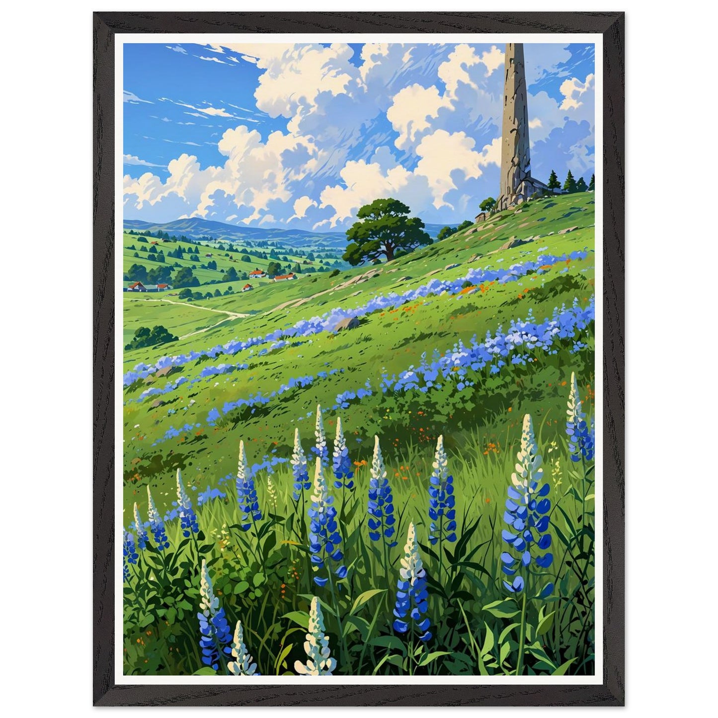 Affiche illustrée Champ de lupin bleu et violet Encadrée — poster rétro, impression beaux-arts 250g