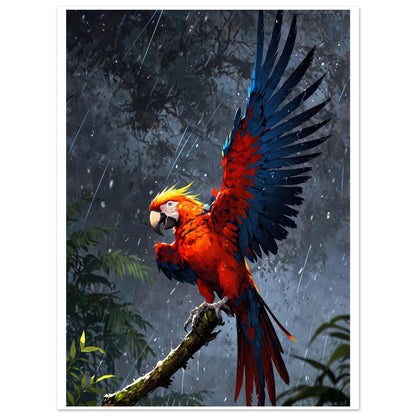 Perroquet ara rouge, Tempête, Lumière orange dramatique – affiche d'art décoratif, poster mural | Muchimura