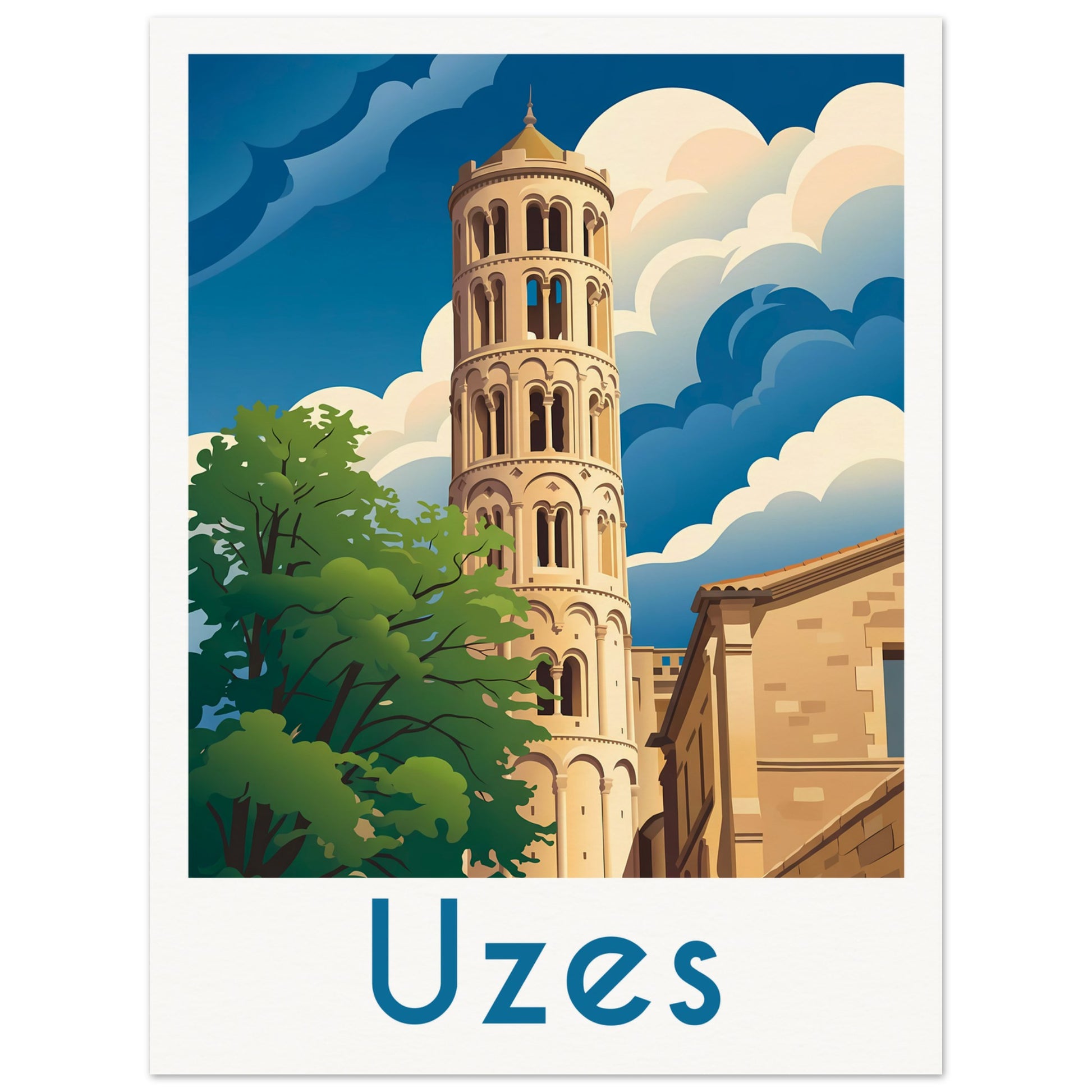 Affiche illustrée Uzès, poster rétro, impression beaux-arts 250g
