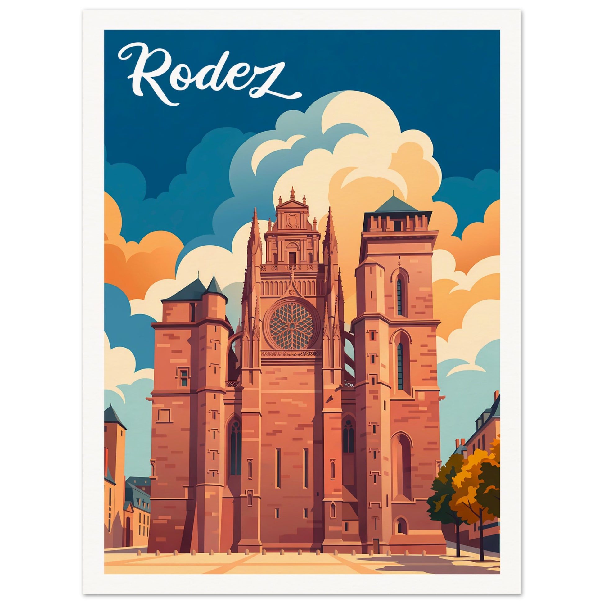 Affiche illustrée Rodez, poster rétro, impression beaux-arts 250g