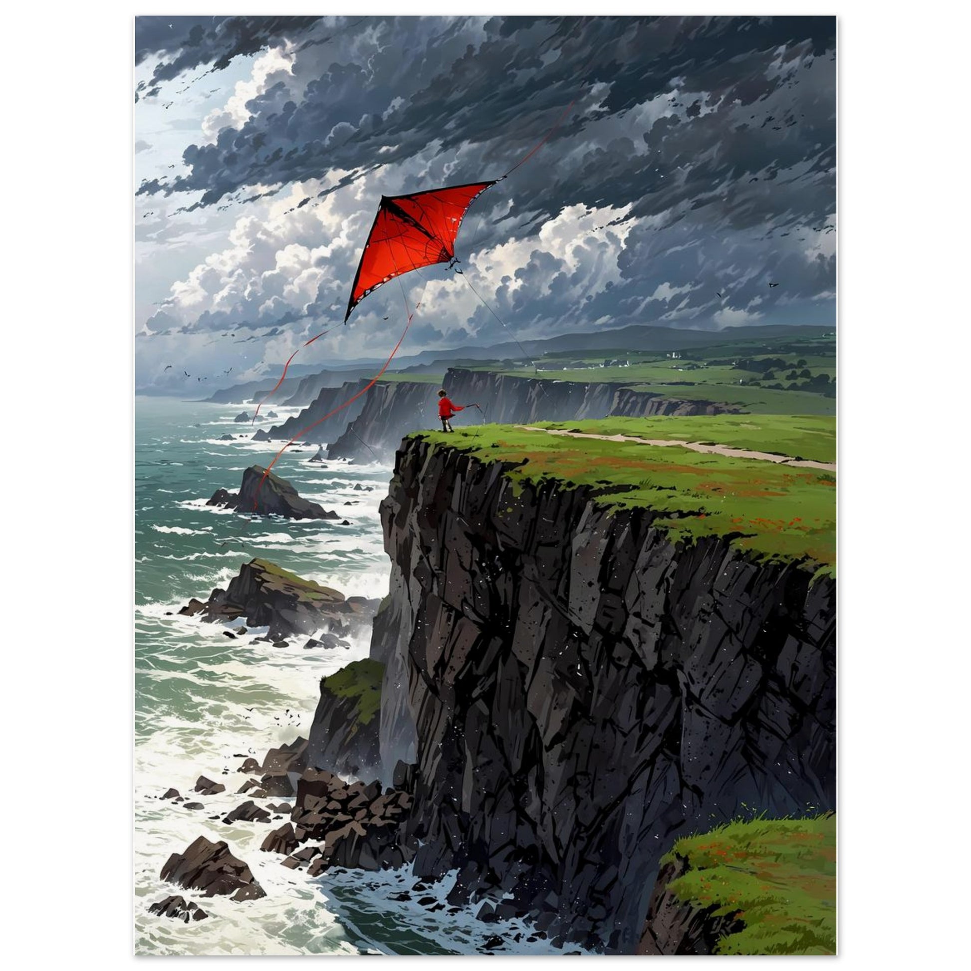 Affiche illustrée Enfant et cerf-volant, poster rétro, impression beaux-arts 250g