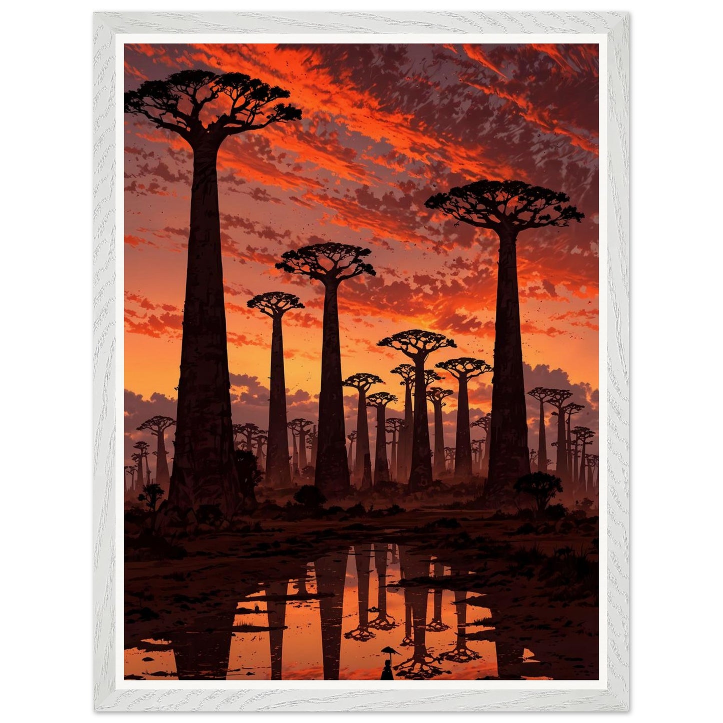 Affiche illustrée Baobabs au coucher du soleil Encadrée — poster rétro, impression beaux-arts 250g