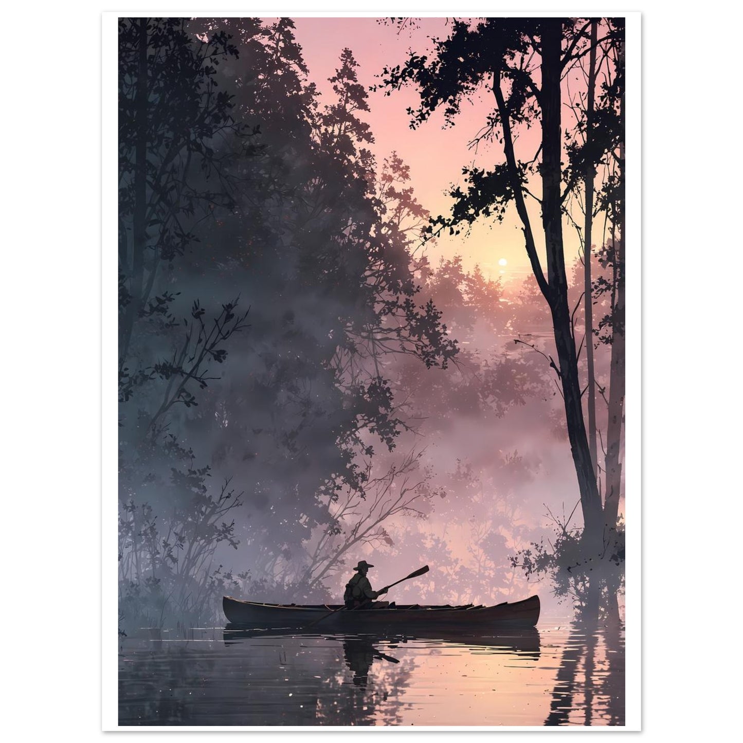 Pêcheur, Brume sur le lac, Aurore brumeuse, Pirogue – affiche d'art décoratif, poster mural | Muchimura
