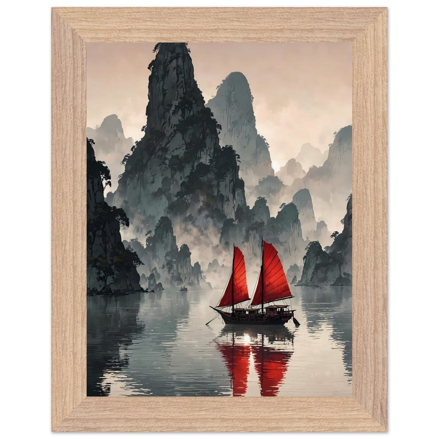 Affiche illustrée Baie de Ha Long Encadrée — poster rétro, impression beaux-arts 250g