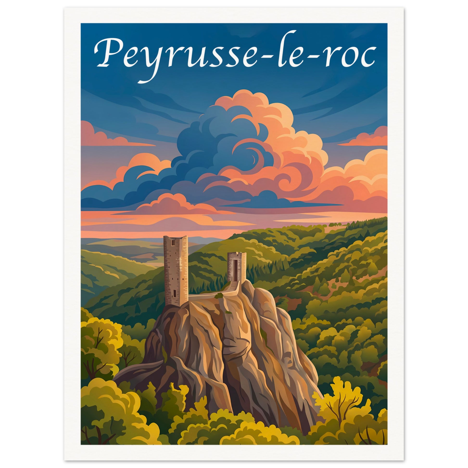 Affiche illustrée Peyrusse-le-Roc, poster rétro, impression beaux-arts 250g