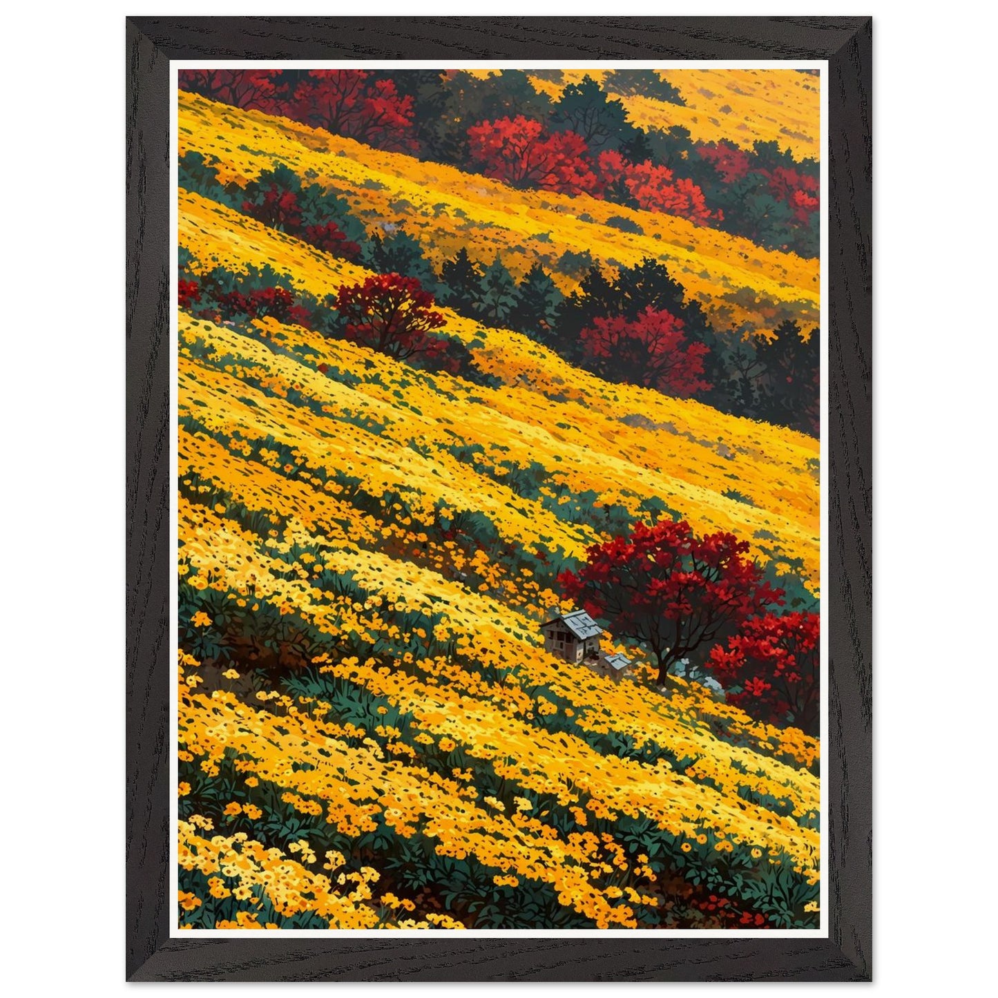 Affiche illustrée Champ de chrysanthèmes jaunes Encadrée — poster rétro, impression beaux-arts 250g